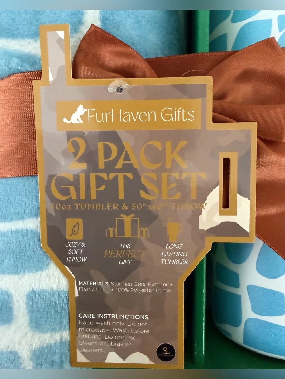 Blue Giraffe Pattern 2-Piece 40 oz. Tumbler &  50”x60” Cozy Throw Gift Set